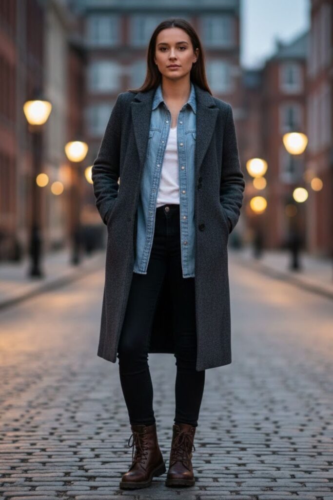 7. Black Jeans with Denim Shirt and Wool Overcoat