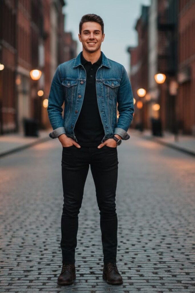 7. Black Shirt with Denim Jacket