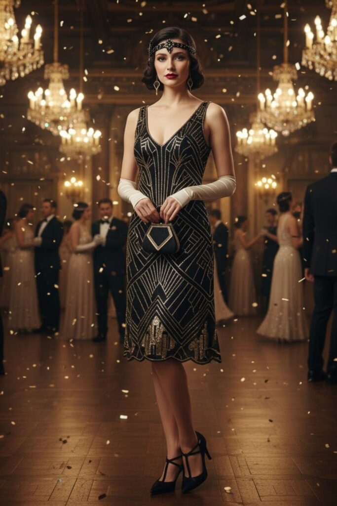 7. Black and Gold Art Deco Dress