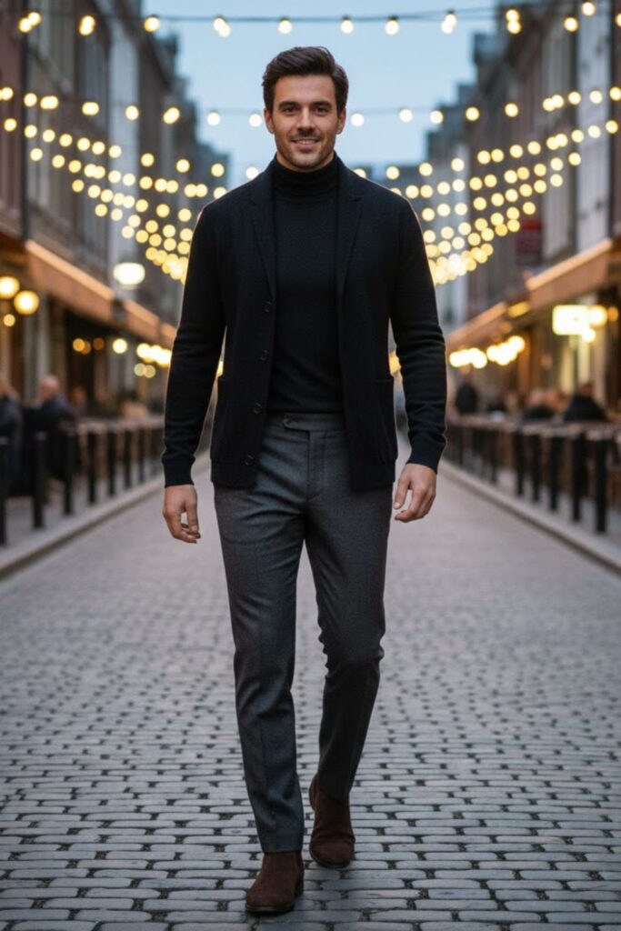 7. Cardigan with Turtleneck and Tailored Trousers
