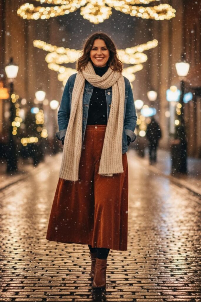 7. Corduroy Maxi Skirt with Denim Jacket and Scarf