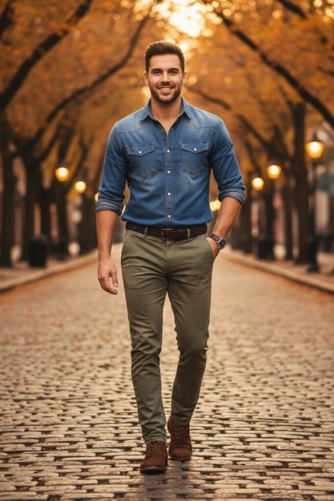 7. Denim Blue Shirt with Olive Pants