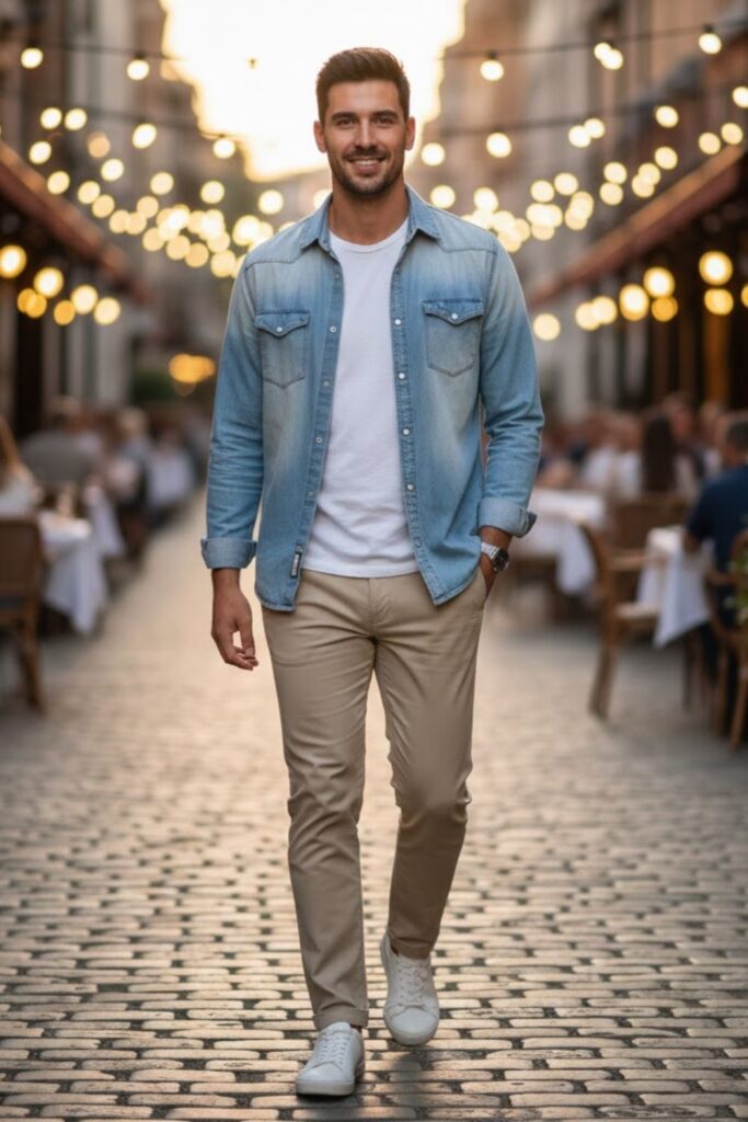 7. Denim Shirt with Beige Chinos