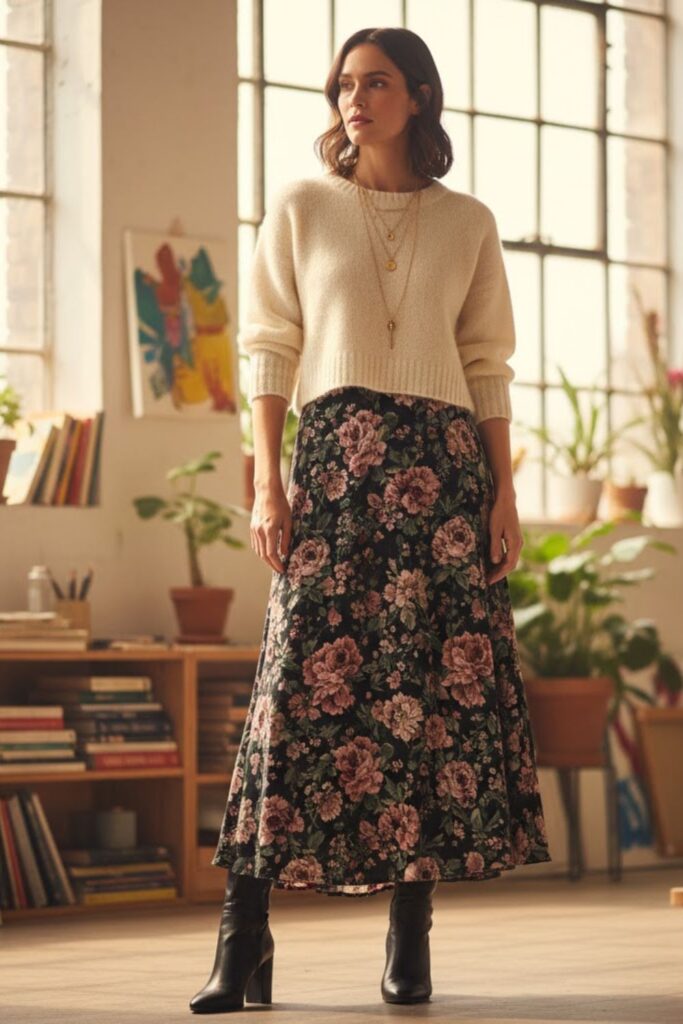 7. Floral Maxi Skirt with a Cropped Sweater