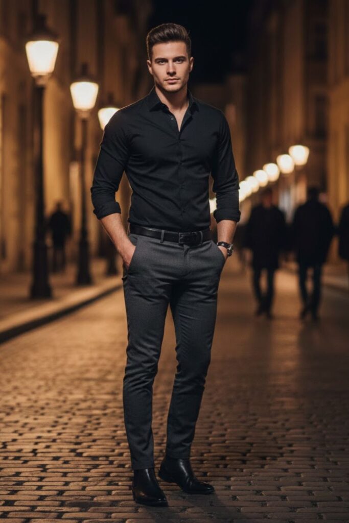 7. Grey Pants with Black Button-Up Shirt