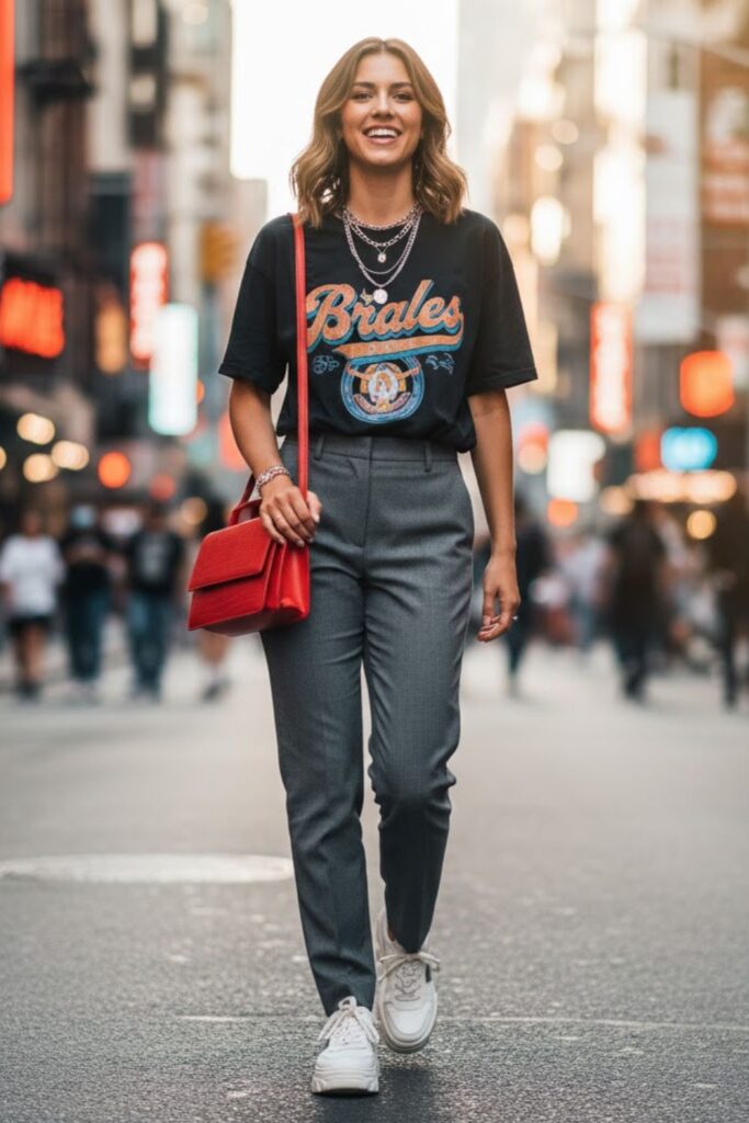 7. Grey Trousers with Graphic Tee