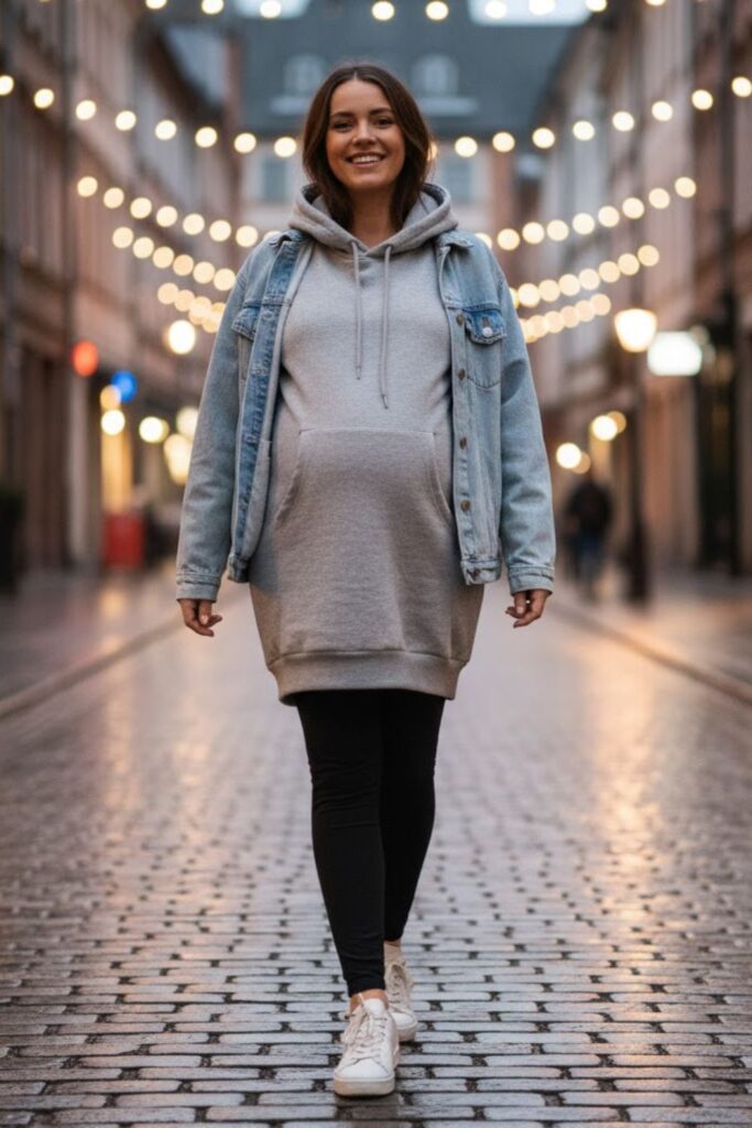 7. Hoodie Dress with Leggings and Sneakers