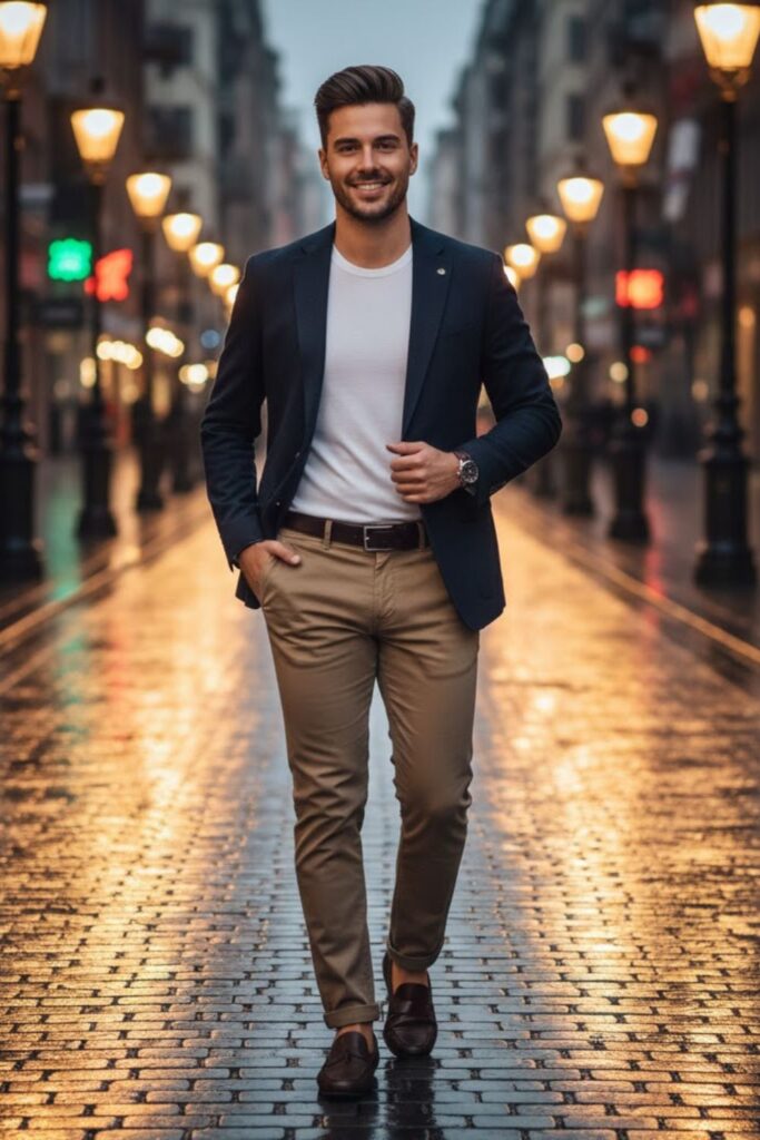 7. Khaki Pants with a White T-Shirt and Blazer