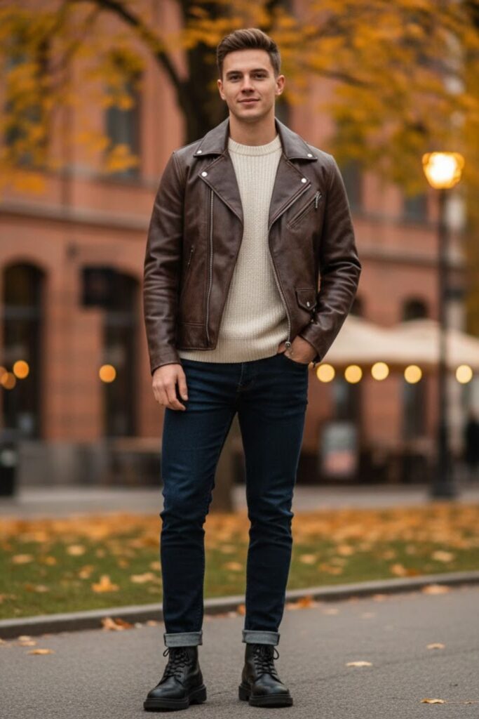 7. Leather Jacket with Crewneck Sweater