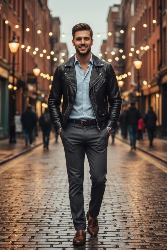 7. Leather Jacket with Dress Shirt and Trousers