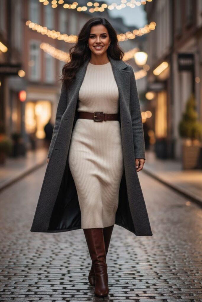 7. Long Coat over Knit Dress
