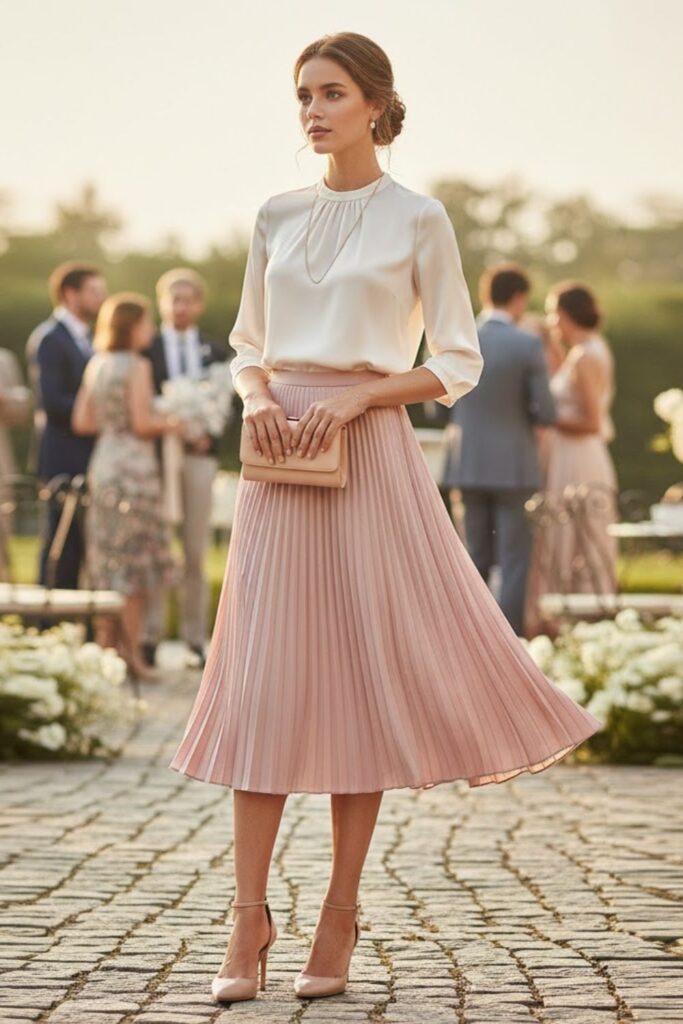 7. Midi Skirt and Silk Blouse Combo