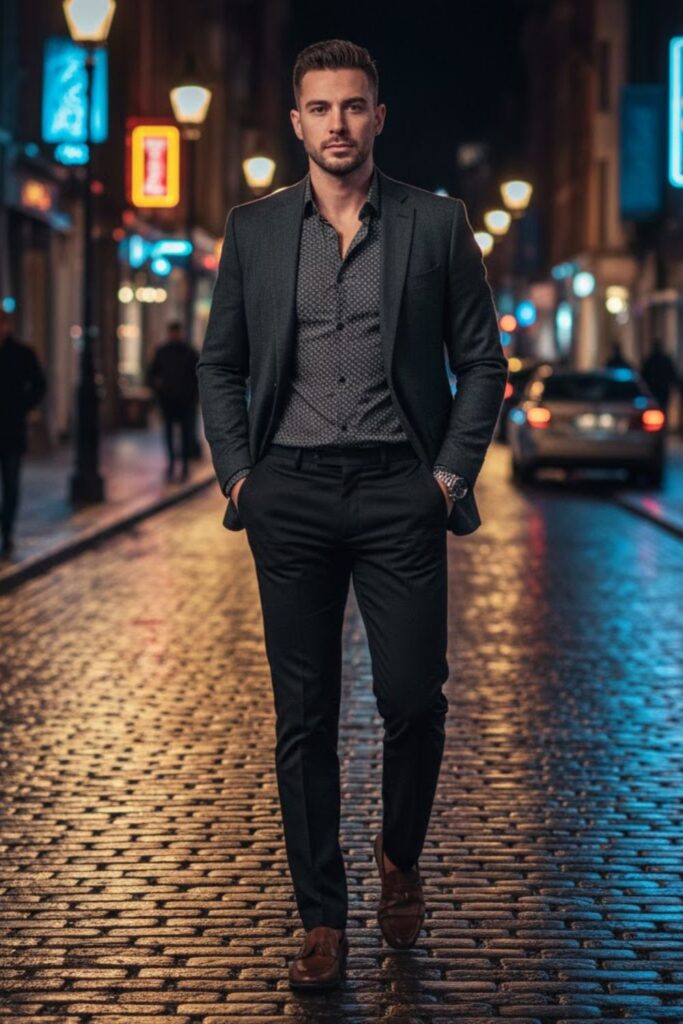 7. Patterned Shirt with Blazer and Dress Pants