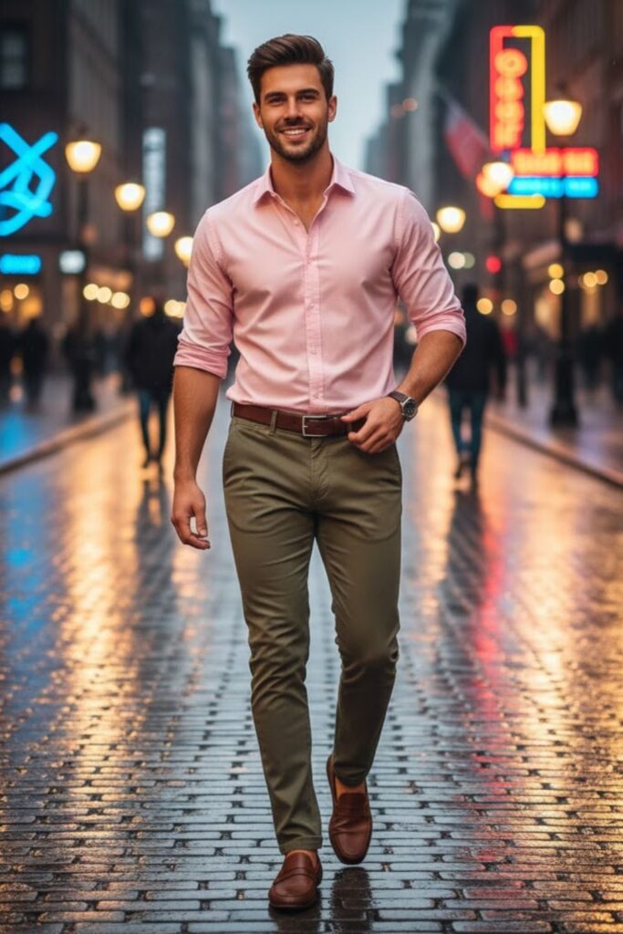 7. Pink Shirt with Olive Green Pants