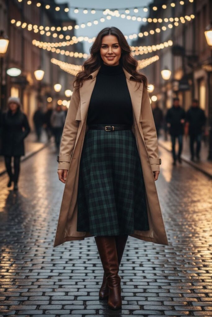 7. Plaid Midi Skirt with Black Sweater and Boots