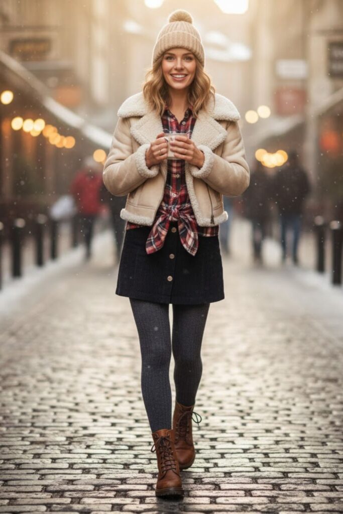 7. Plaid Shirt and Corduroy Black Skirt