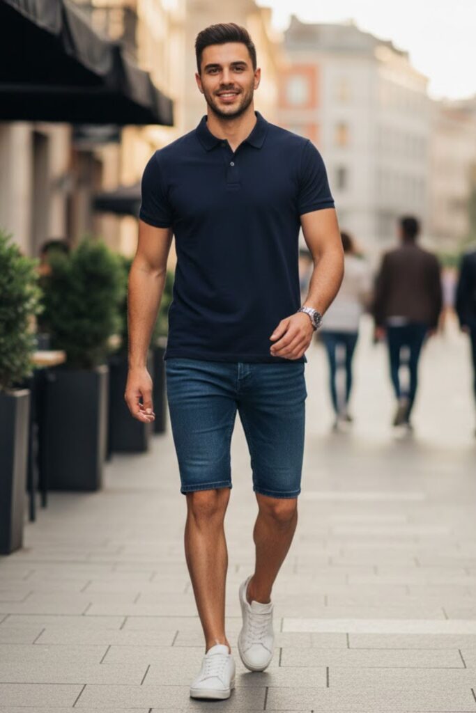 7. Polo Shirt with Dark Wash Jorts