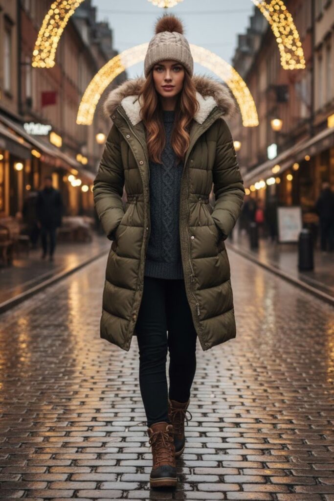 7. Puffer Coat with Thermal Leggings