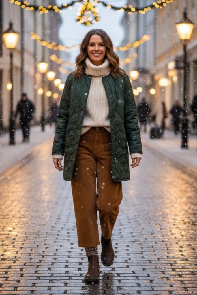 7. Quilted Coat with High Neck Jumper and Corduroy Pants