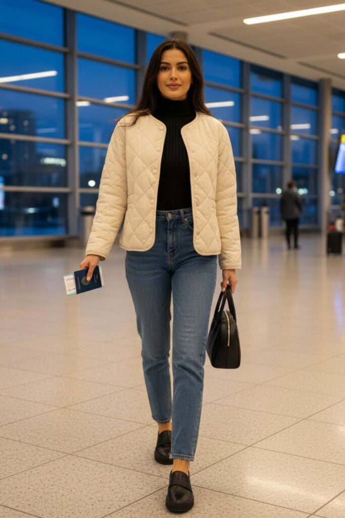 7. Quilted Jacket with Knit Top and Jeans