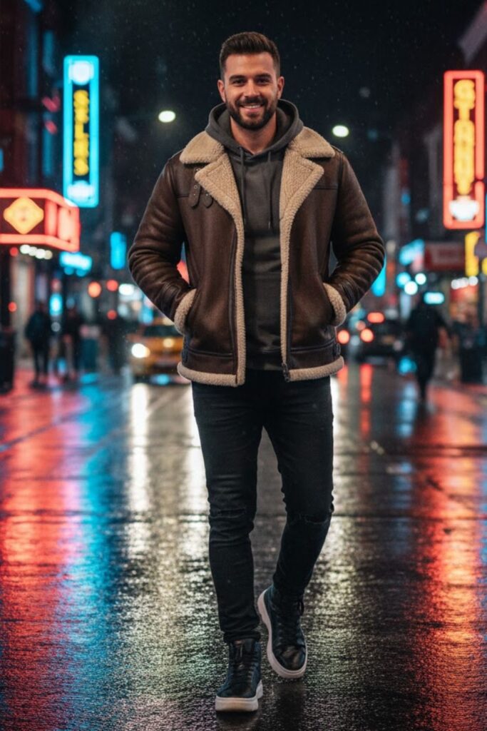 7. Shearling Jacket with Black Jeans and Hoodie