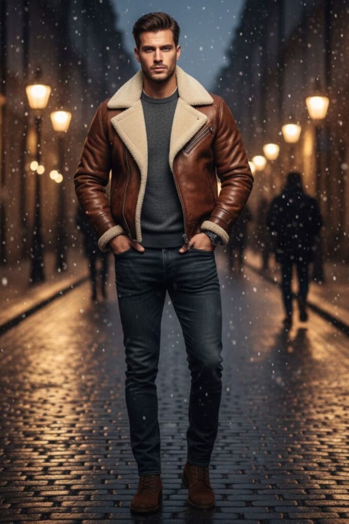 7. Shearling Jacket with Denim and Boots