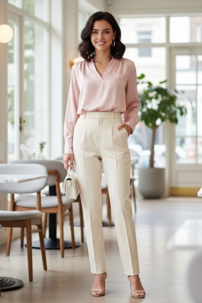 7. Silk Blouse with High-Waisted Trousers