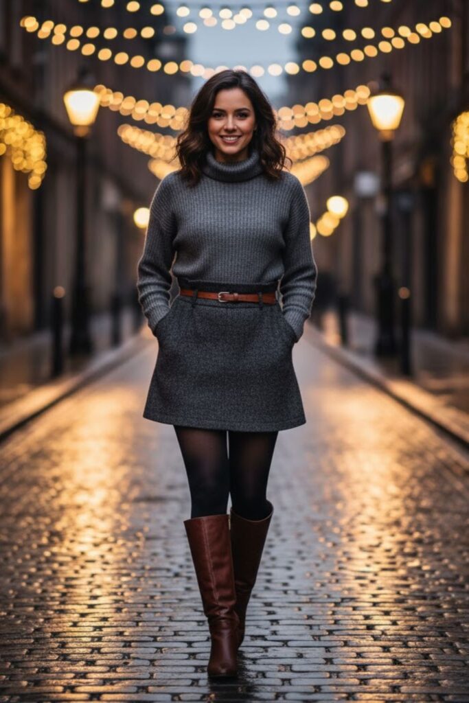 7. Sweater Dress with Belted Skirt Overlay