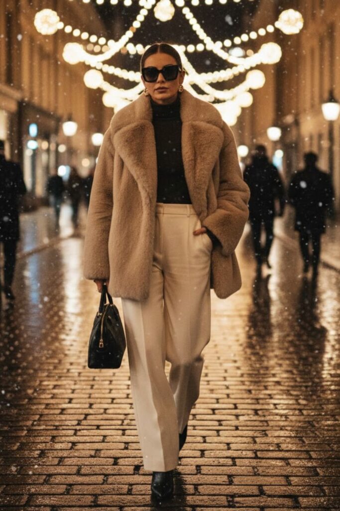 7. White Wide-Leg Pants with Oversized Coat and Statement Bag