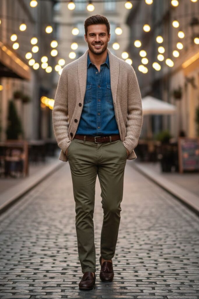 8. Beige Cardigan with Denim Shirt and Olive Pants