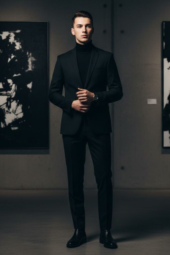 8. Black Suit with Black Turtleneck
