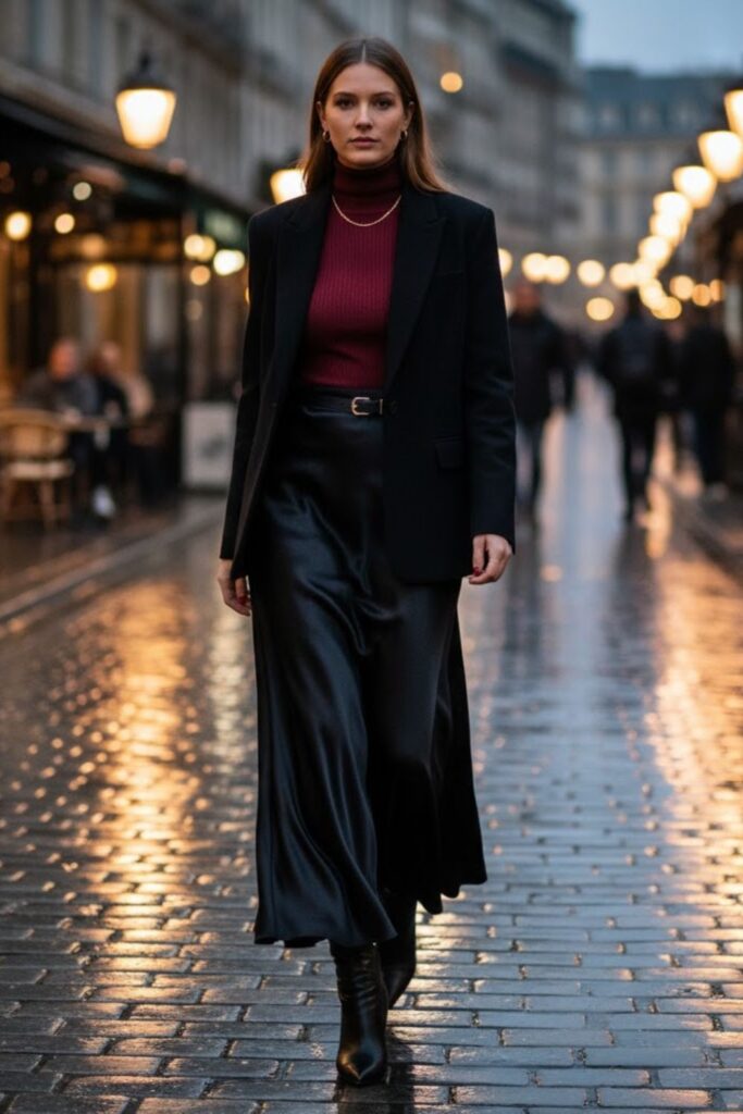 8. Blazer and Satin Black Skirt