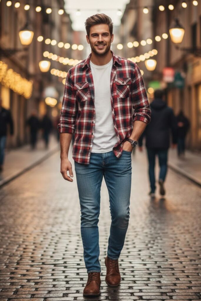 8. Blue Jeans with Checked Shirt