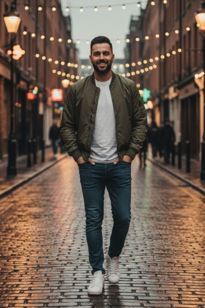 8. Bomber Jacket with White Tee and Slim Jeans