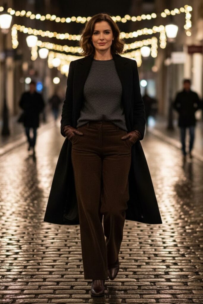 8. Brown Corduroy Pants with a Charcoal Sweater and Black Coat