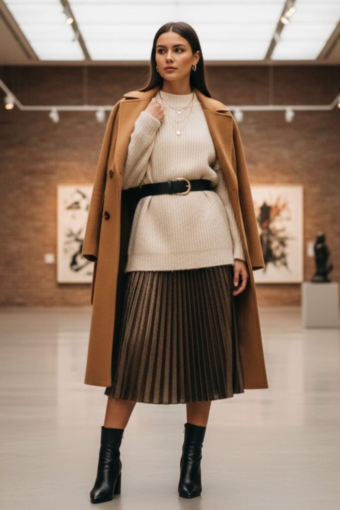 8. Chunky Knit Sweater with Pleated Midi Skirt