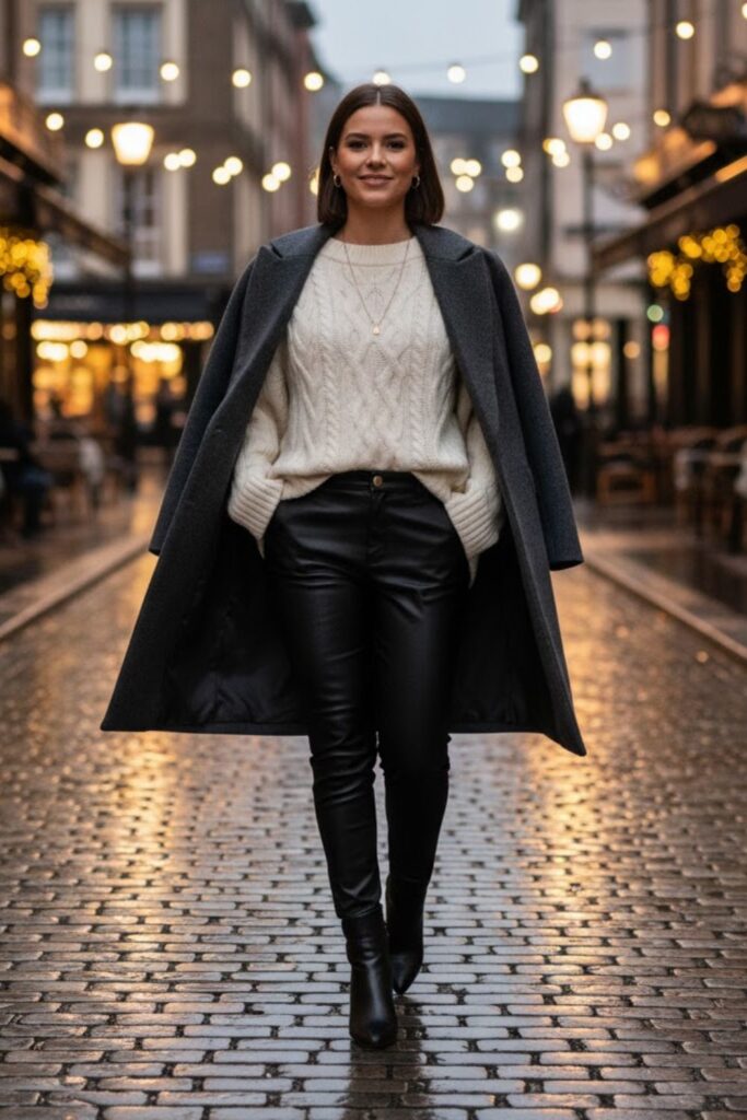 8. Chunky Sweater with Leather Pants