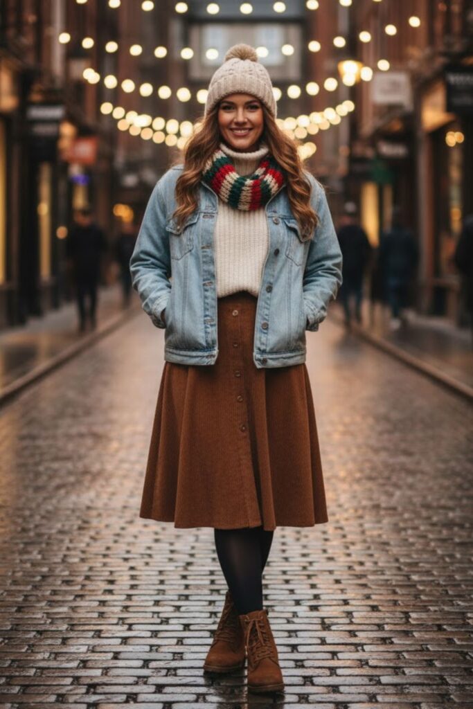 8. Corduroy Midi Skirt with Denim Jacket