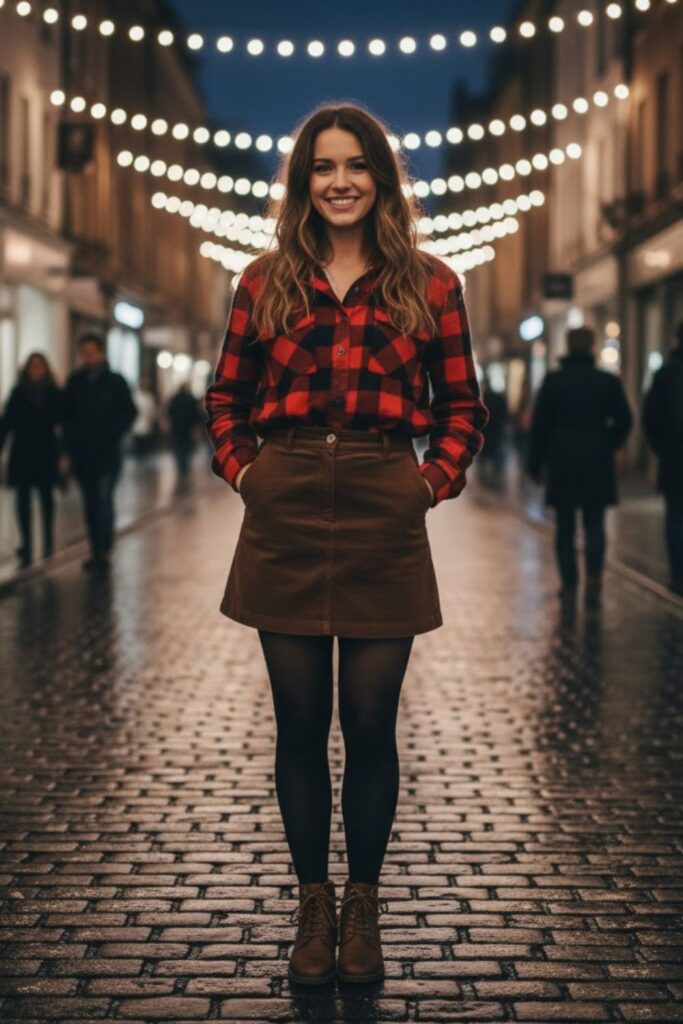 8. Corduroy Skirt with Flannel Shirt