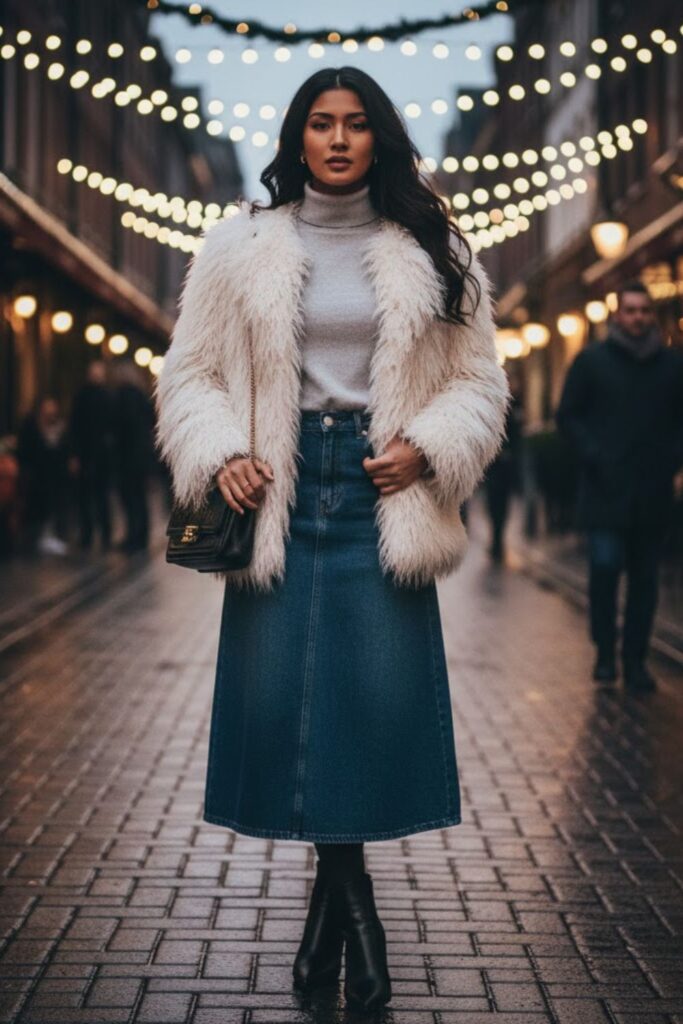 8. Denim Midi Skirt with Faux Fur Coat