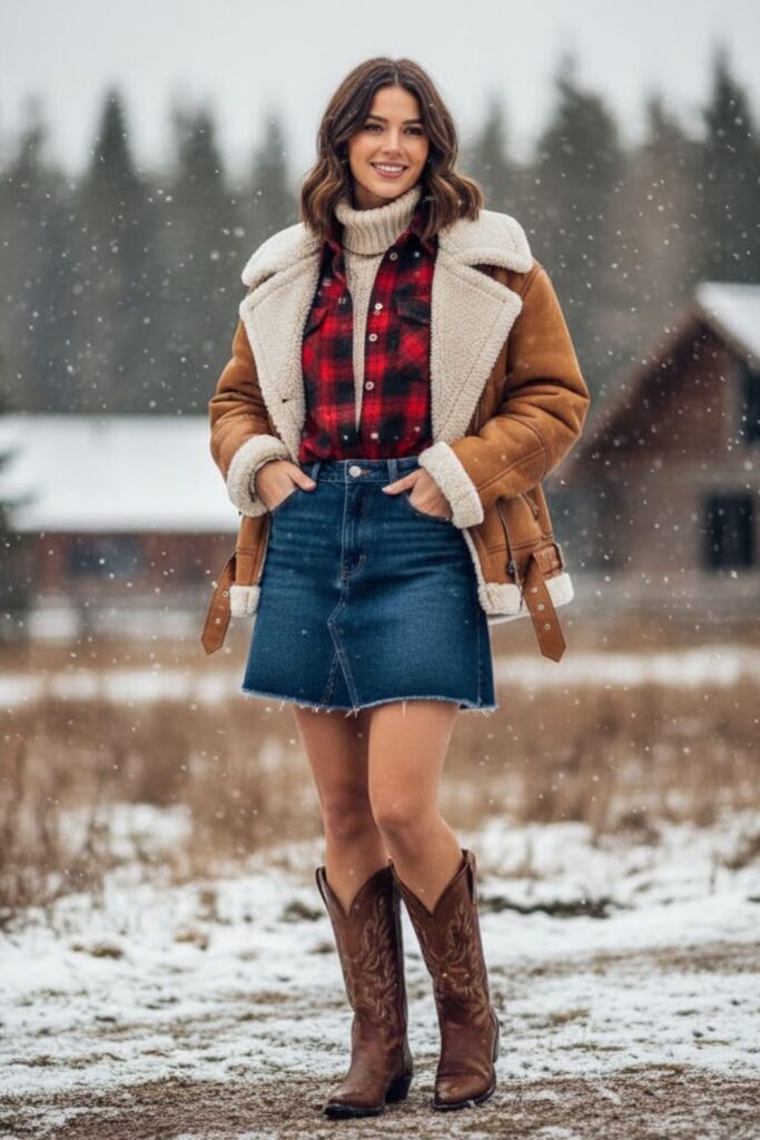 8. Denim Skirt with Western Boots
