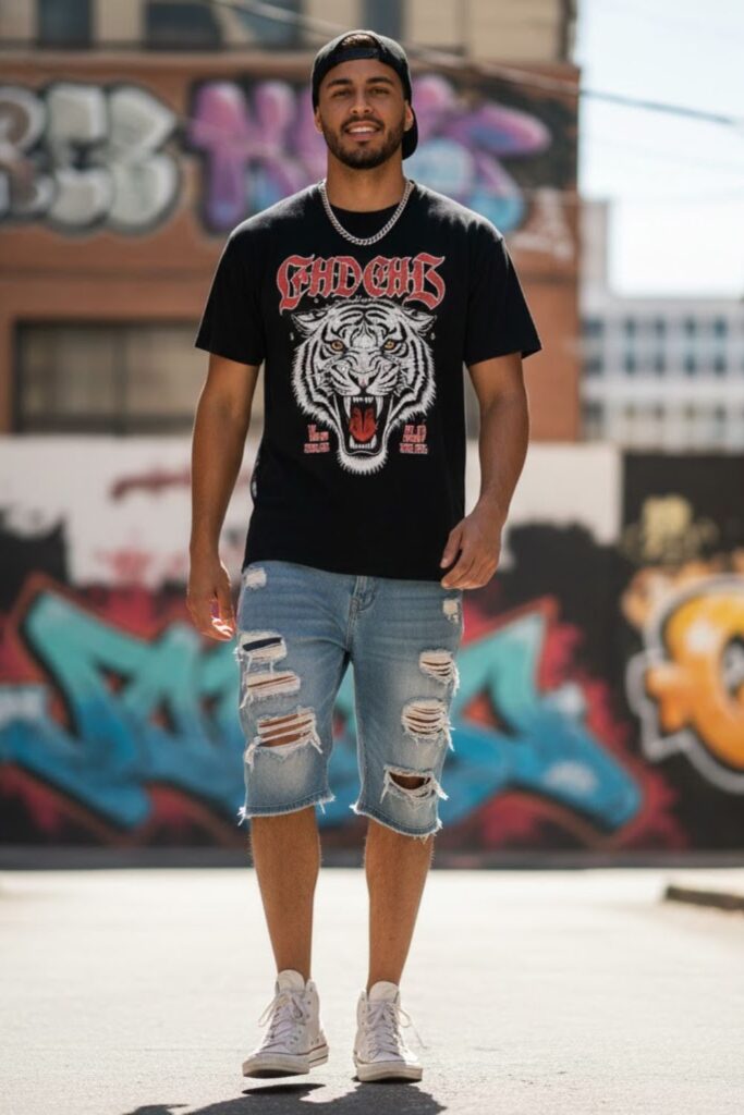 8. Graphic Tee with Ripped Jorts