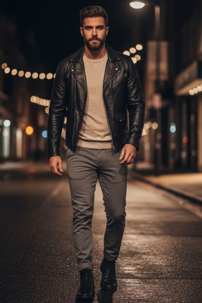 8. Grey Chinos with Leather Jacket