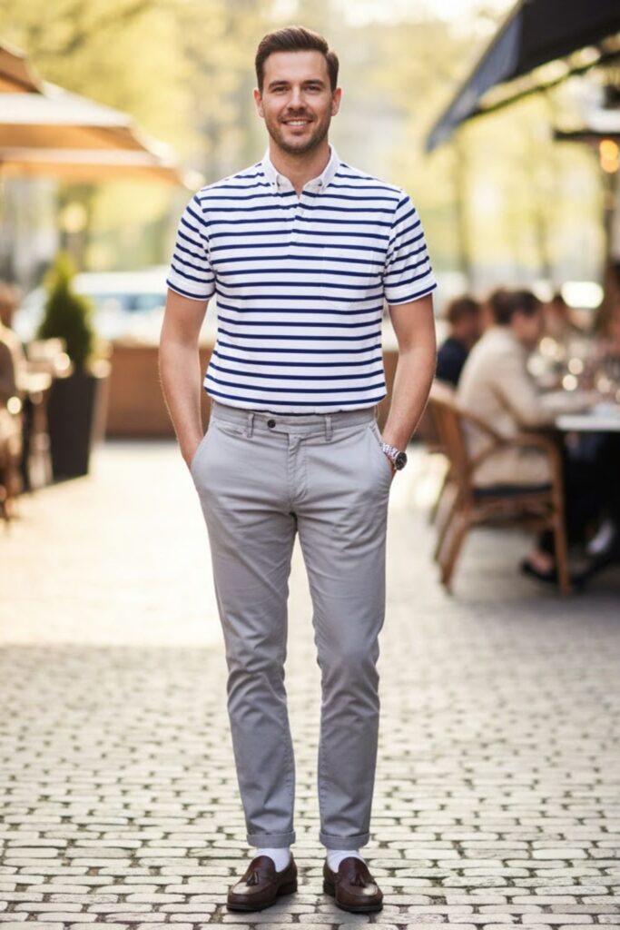 8. Grey Chinos with Striped Shirt