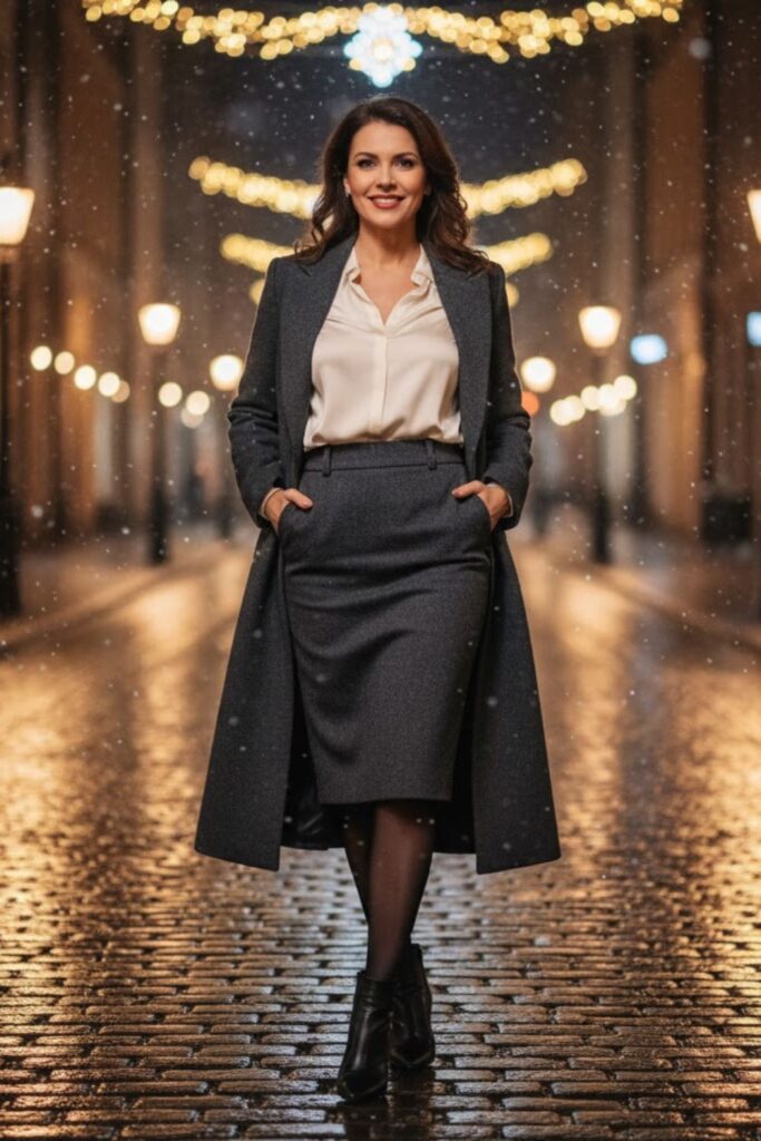 8. Grey Pencil Skirt with Blouse and Wool Coat