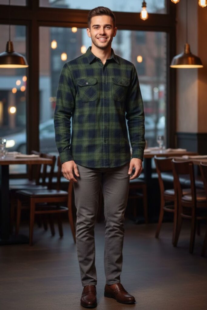 8. Grey Trousers with Checked Shirt and Brown Shoes