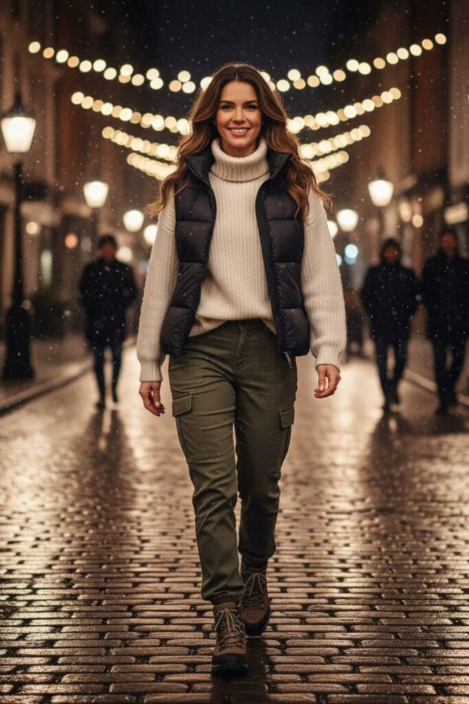 8. High Neck Sweater with a Puffer Vest