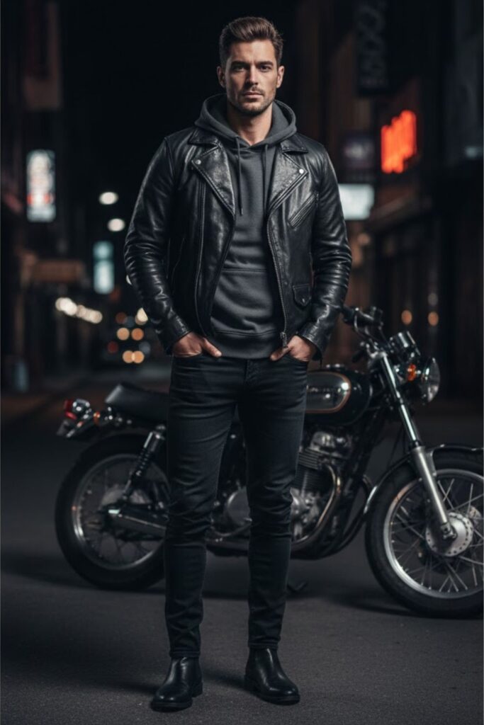 8. Hoodie and Leather Jacket