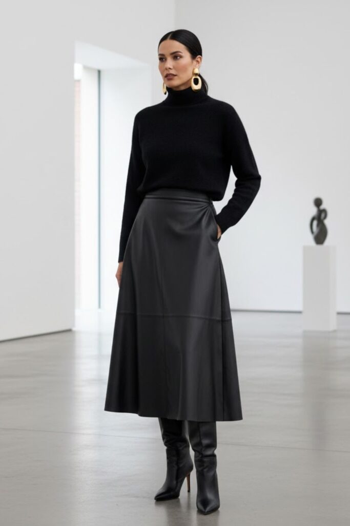 8. Leather Long Skirt with a Cashmere Sweater