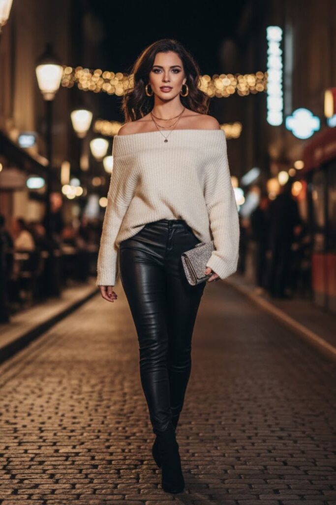 8. Leather Pants with Off-Shoulder Sweater